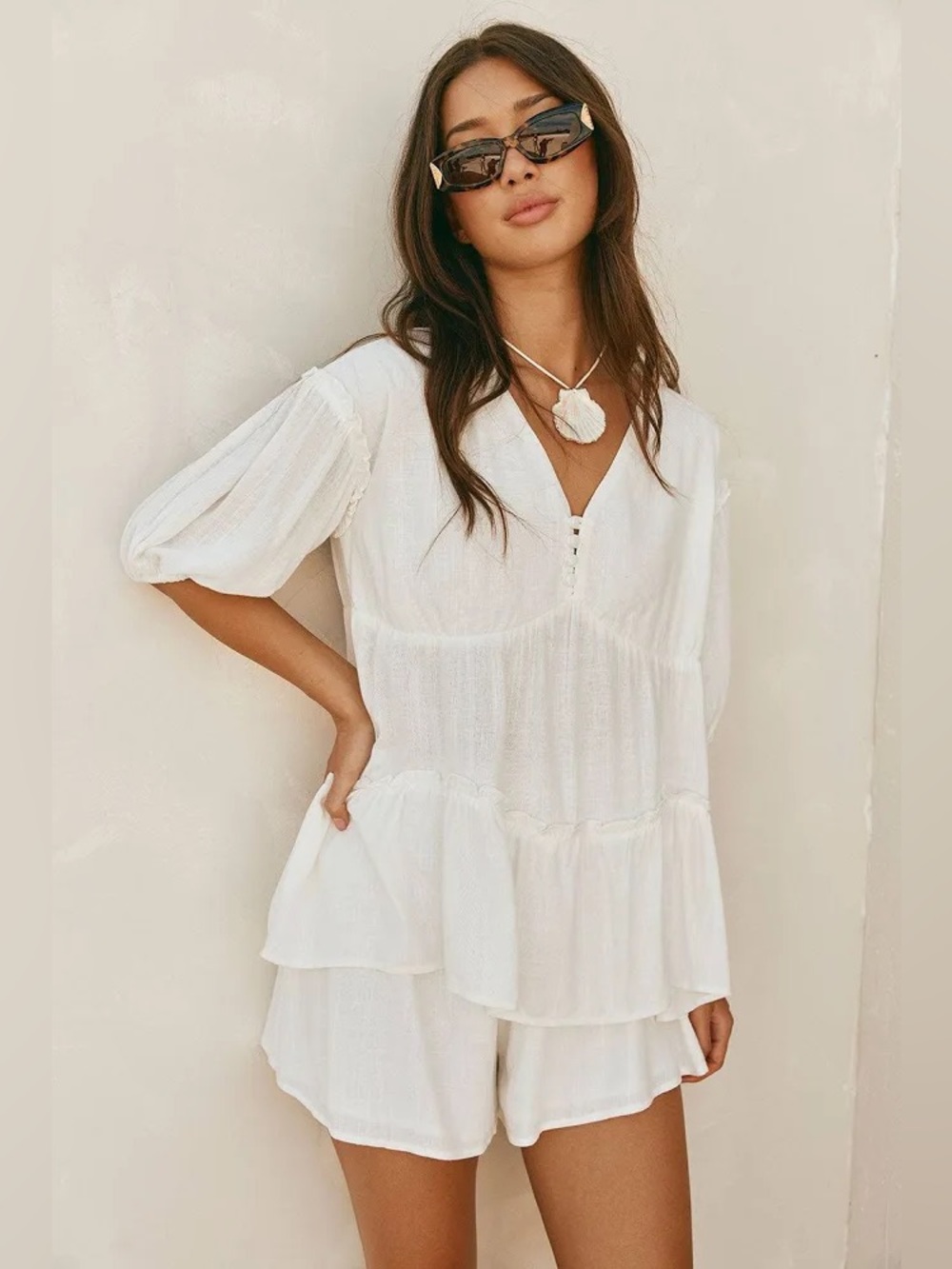 SABO White Linen Blend Flowy Oversized Boho Puff Sleeve Top Size Medium NWT